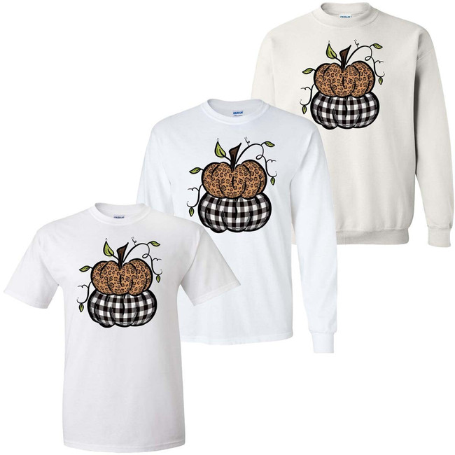 Leopard And Plaid Stacked Pumpkins Graphic Tee Shirt