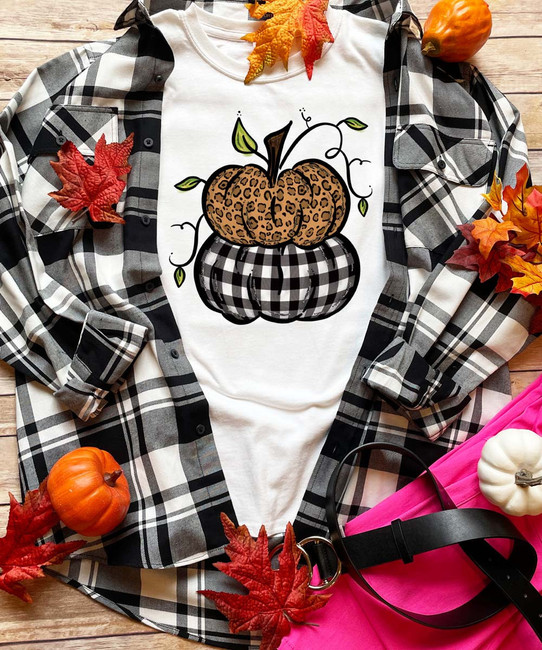 Monogrammed Leopard And Plaid Stacked Pumpkins Graphic Tee Shirt