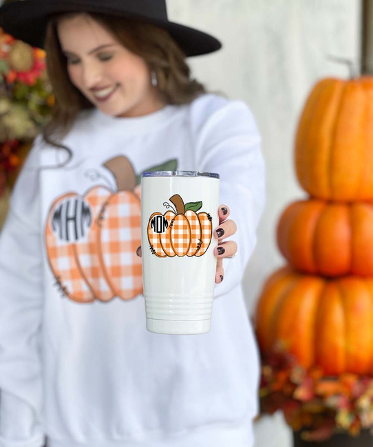 Monogrammed Orange Gingham Pumpkin Stainless Steel Tumbler