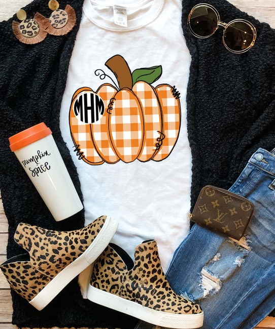 Monogrammed Orange Gingham Pumpkin Graphic Tee Shirt