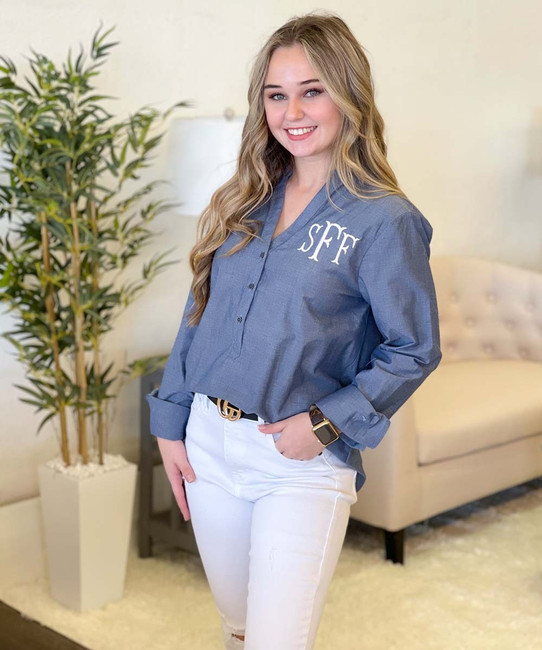 Born to Be Sassy Monogrammed Long Sleeve Denim Shirt