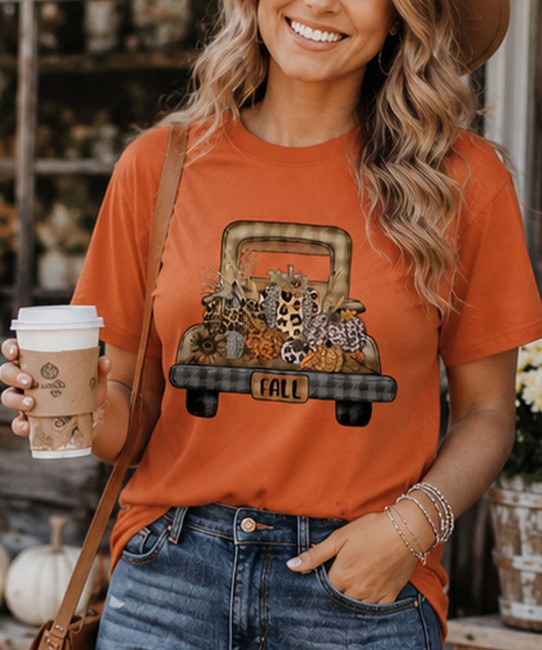 plaid and leopard pumpkin truck tee model image close up