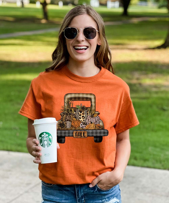Plaid And Leopard Pumpkin Truck Graphic Shirt - Texas Orange