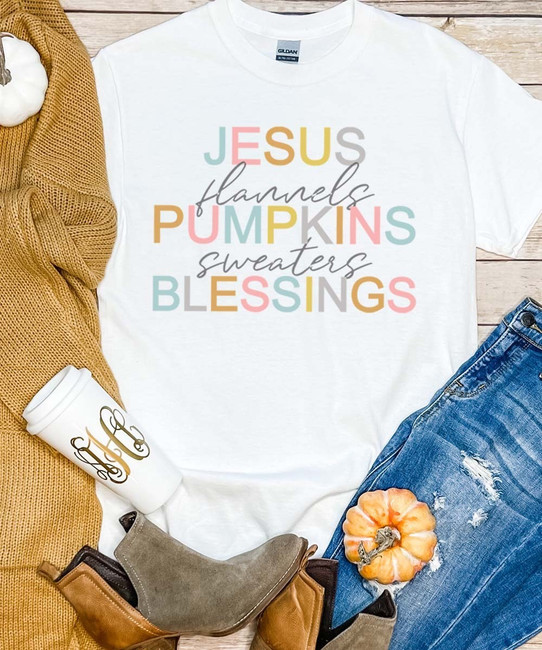 Jesus Flannels Pumpkins Sweaters Blessings Graphic Shirt - White