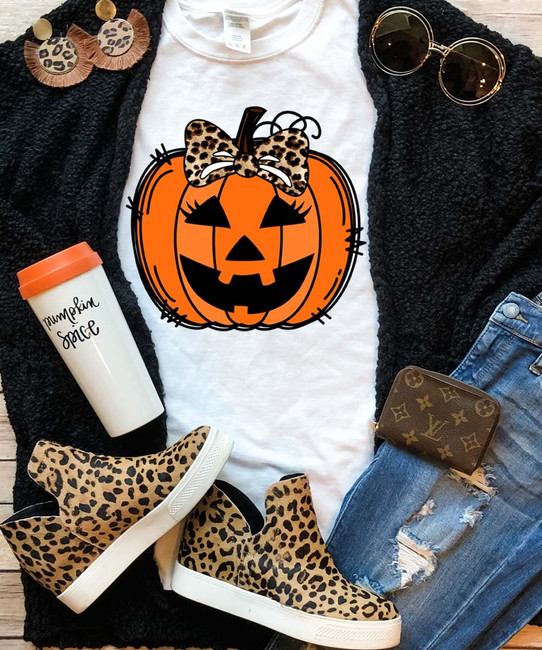 Jack O Lantern With Leopard Bow Graphic Shirt - White