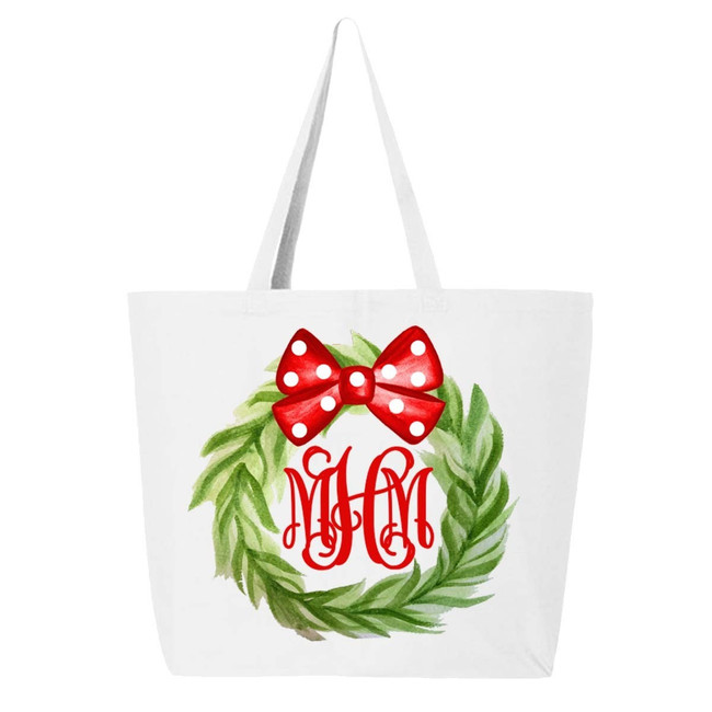 Monogrammed Christmas Wreath Tote Bag
