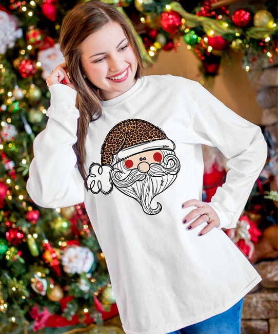 Santa Face With Leopard Hat Graphic Shirt - White