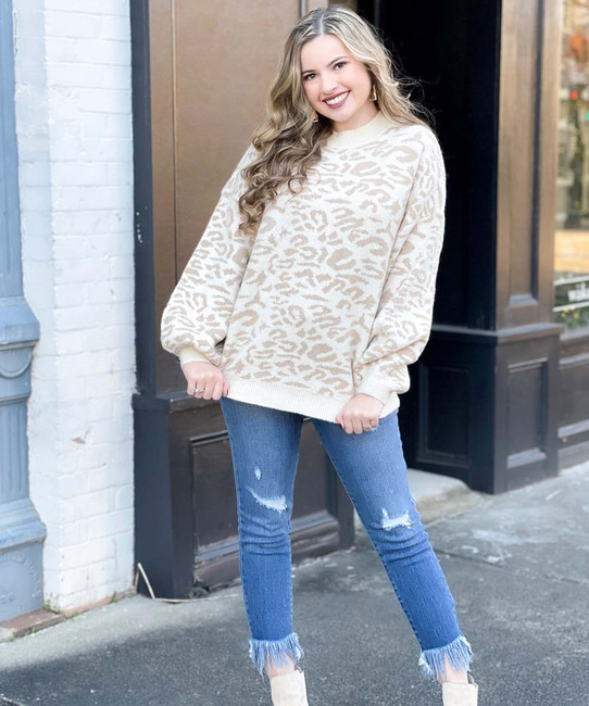 Natural Wild Child Leopard Ribbed Cuff Sweater