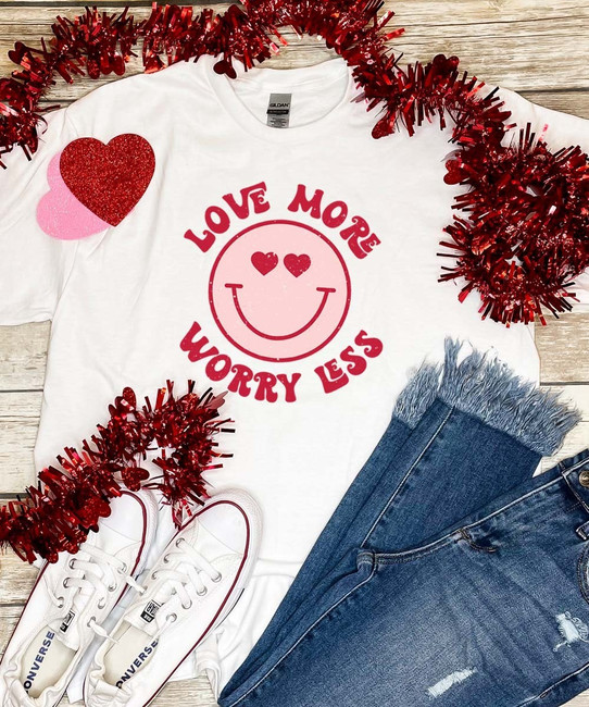 Love More Worry Less Smiley Face Graphic Shirt