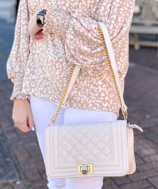 White Leather-Look Quilted Chain Strap Cross Body Bag