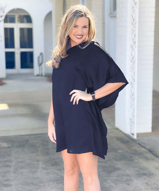 Hammered Satin One Sleeve Draped Mini Dress - Black