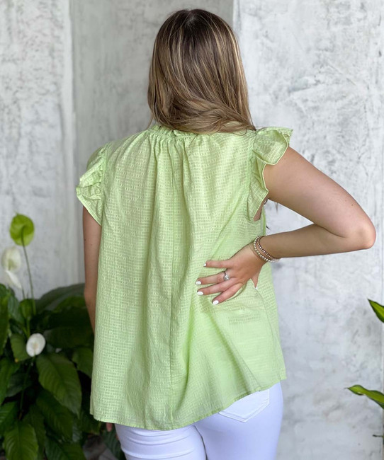 Floating On Air Ruffle Sleeve Top With Lace Detail - Lime