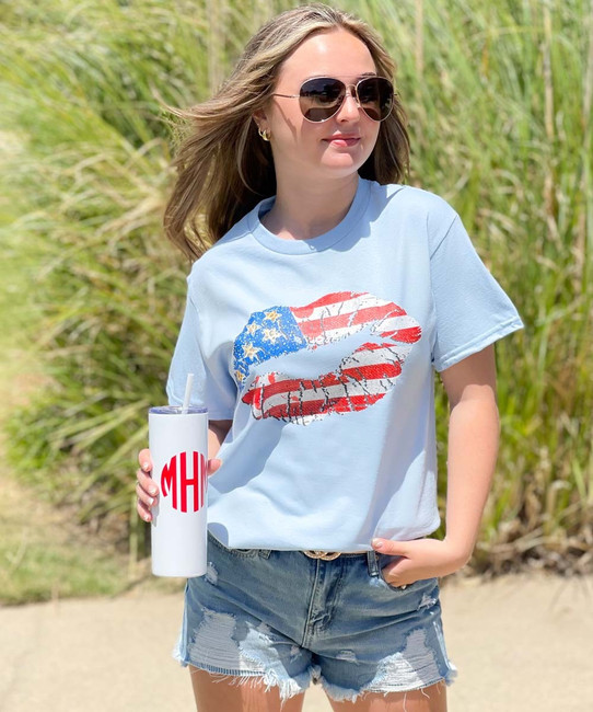 Patriotic Lips With Leopard Stars Shirt - Light Blue