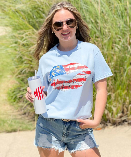 Patriotic Lips With Leopard Stars Shirt - Light Blue