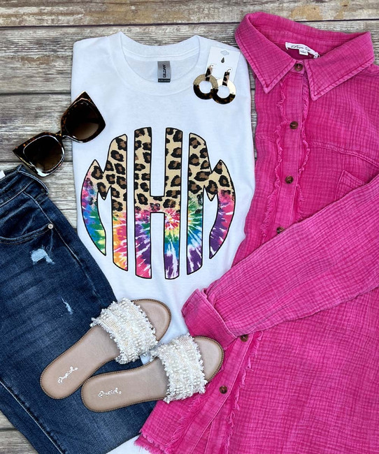 Born to Be Sassy Monogrammed Tie Dye Leopard Graphic Shirt