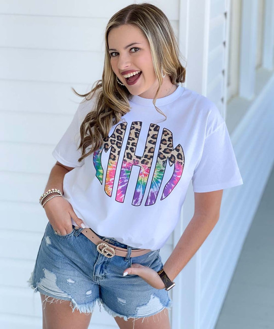 Monogrammed Leopard And Tie Dye Graphic Shirt