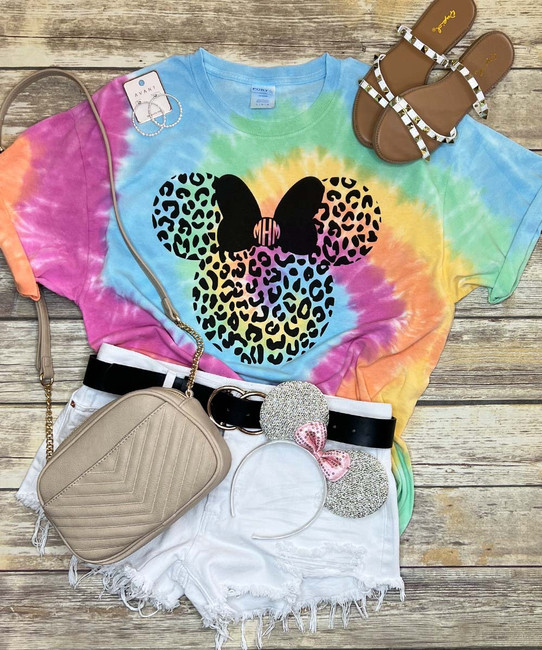 Monogrammed Leopard Mouse With Bow Tie-Dye Tee - Pastel Rainbow