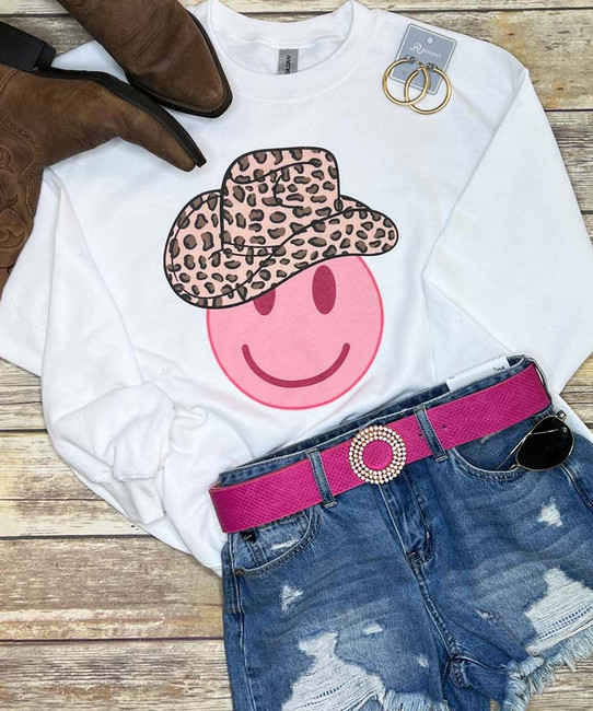 Leopard Cowgirl Smiley Face Graphic Shirt