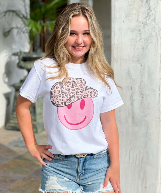 Leopard Cowgirl Smiley Face Graphic Shirt