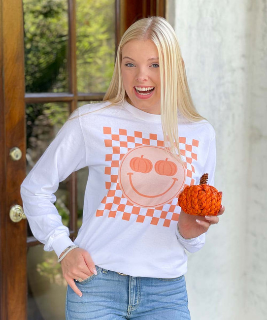 Pumpkin Smiley Checkerboard Graphic Shirt