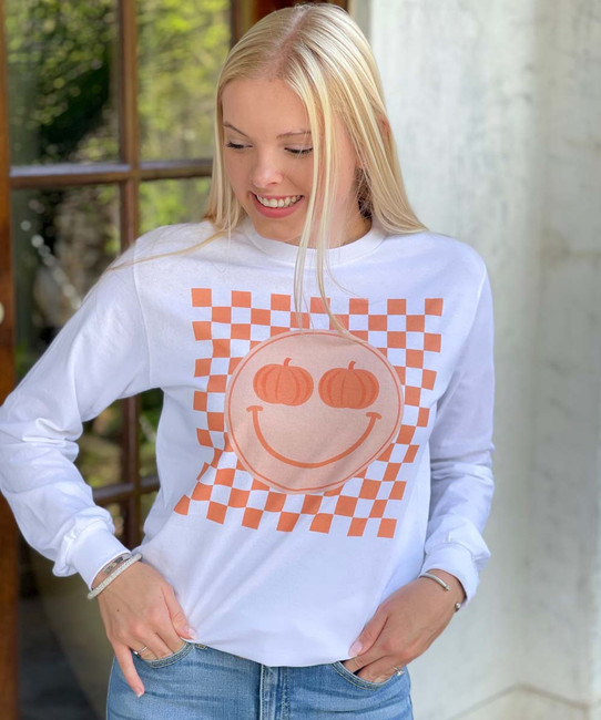 Pumpkin Smiley Checkerboard Graphic Shirt