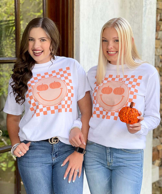 Pumpkin Smiley Checkerboard Graphic Shirt