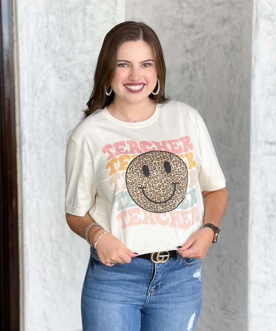 Distressed Teacher Leopard Smiley Bella Canvas Tee