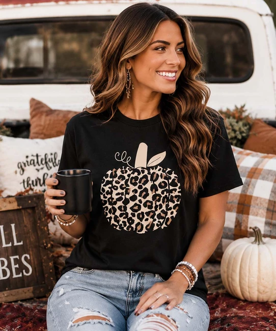 leopard pumpkin tee model image