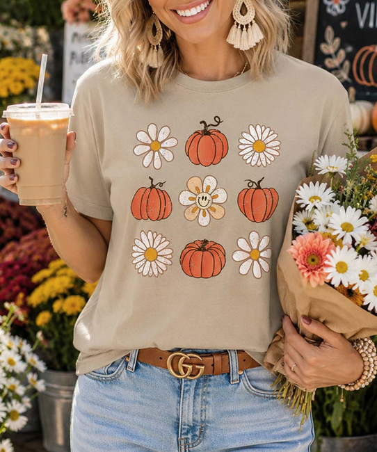 pumpkins and flowers comfort colors tee model image close up
