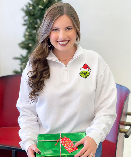  Embroidered Grinch Face Quarter Zip Pullover 