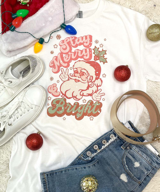  Stay Merry Retro Santa Graphic Tee Shirt 