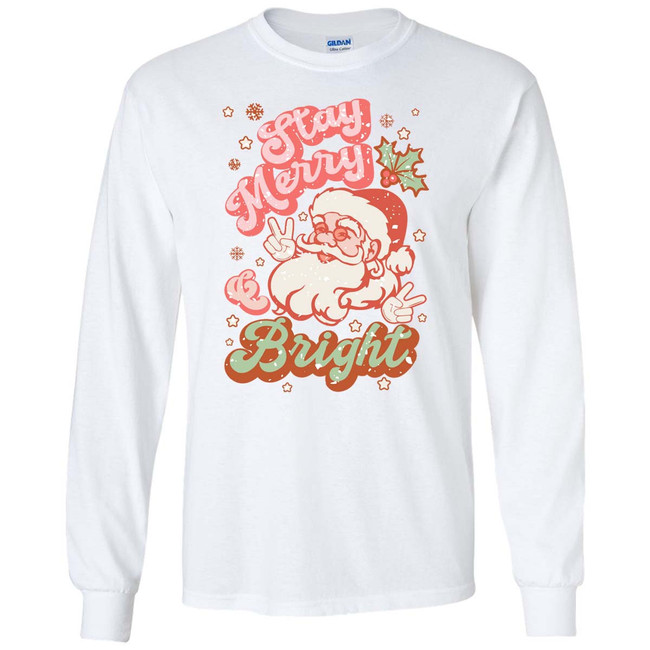  Stay Merry Retro Santa Graphic Tee Shirt 