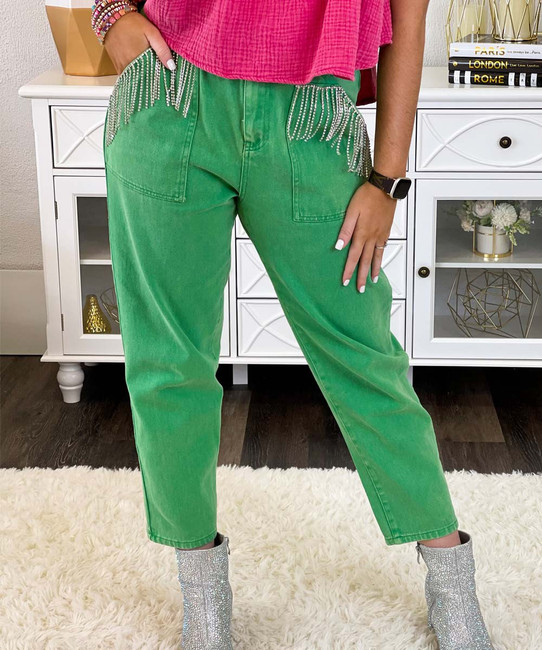nash nights paperbag waist twill jeans with rhinestones kelly green 87238.1674695088