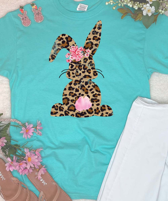  Distressed Leopard Easter Bunny Shirt - Scuba Blue 
