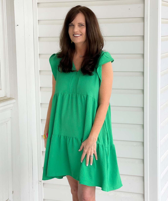  Forever After All  V-Neck Tiered Babydoll Dress - Kelly Green 