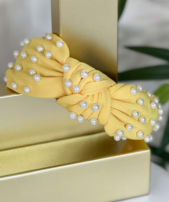  Take It Easy Big Pearl Studded Knotted Headband - Yellow 