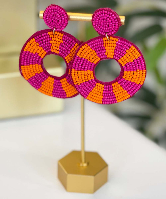  I Still Believe Stripe Circle Earrings - Fuchsia/Orange 