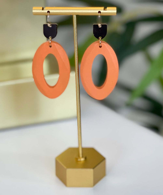  All I Want Wood And Metal Oval Faceted Earrings - Orange 