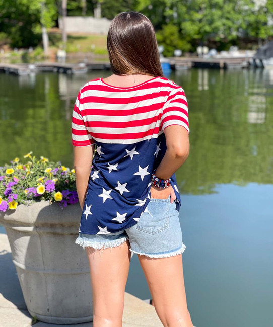  American Woman Stars And Stripes Flag Short Sleeve Top 