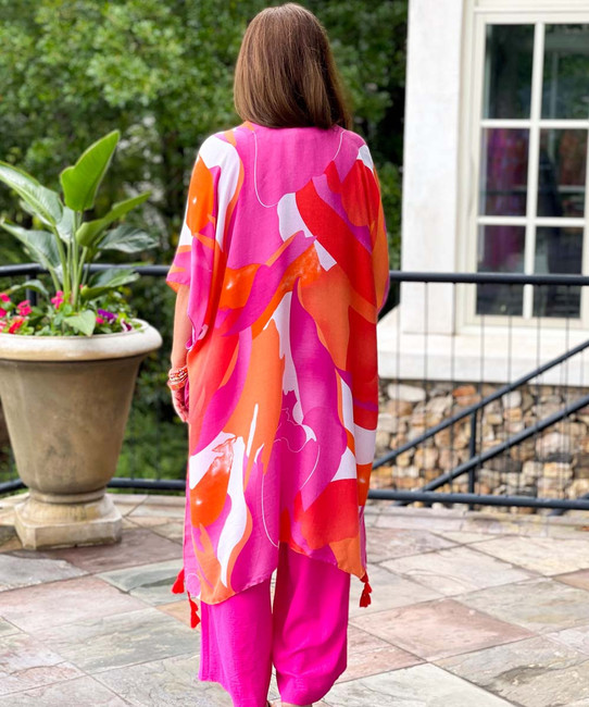  Endless Summer Abstract Print Tassel Kimono - Orange 