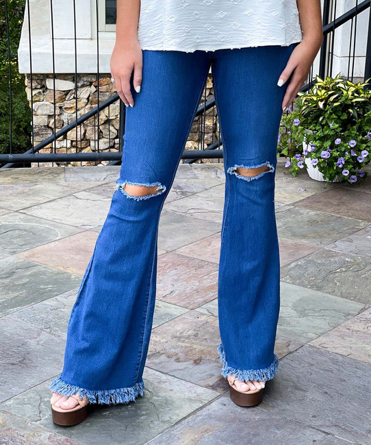  Ready For Anything High Waist Bell Bottom Flares With Ripped Knees And Fray Hem - Medium Blue 