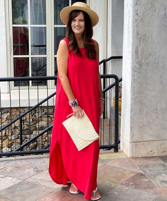  Nothing But A Breeze Sleeveless Side Slit Maxi Dress With Pockets - Ruby 