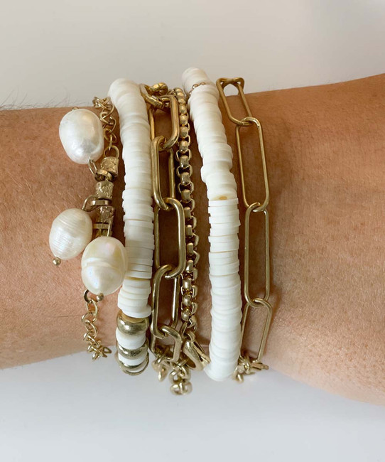  Touch Of Gold PaperClip Chain & Rubber Bead Bracelet Set - White 