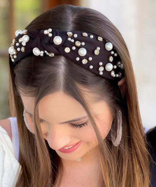  She's All That Pearl And Rhinestone Knotted Headband - Black 