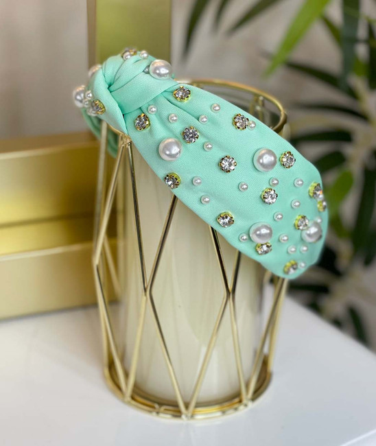  She's All That Pearl And Rhinestone Knotted Headband - Aqua 