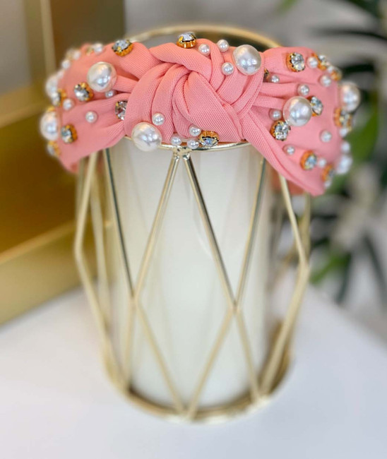  She's All That Pearl And Rhinestone Knotted Headband - Pink 