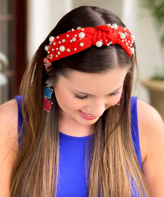  She's All That Pearl And Rhinestone Knotted Headband - Red 