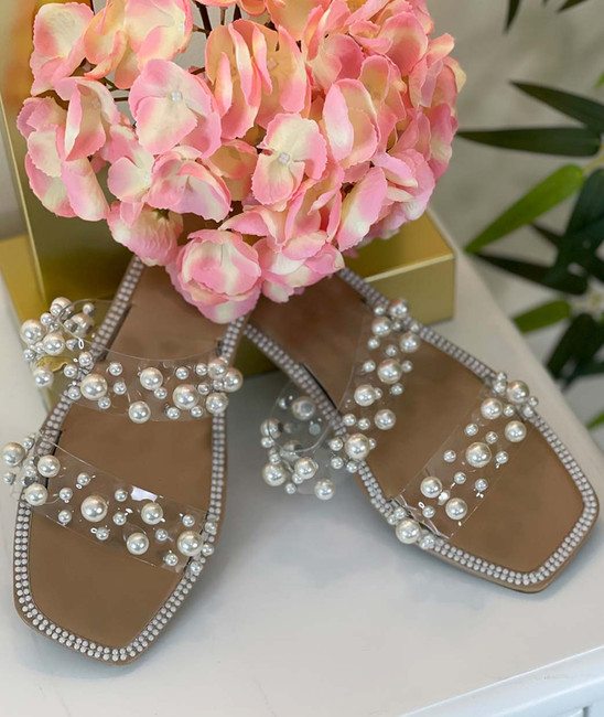 Pink Flip Flops With Pink Flowers and White-silver Rhinestone Pearl  Buttons. 