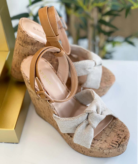  Siena Fabric Bow Platform Wedge Sandals With Upper Ankle Strap - Beige 