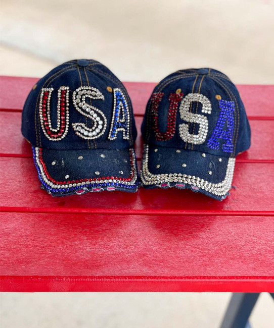  Sassy American Crystal USA Embellished Fashion Denim Cap 